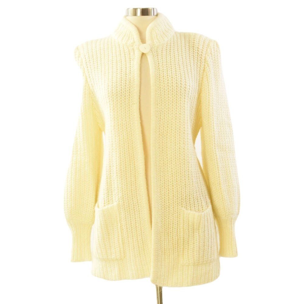 70s Vintage Ribbed Wool Ivory Sweater Coat Womens M Boho Lantern Sleeve Cardigan